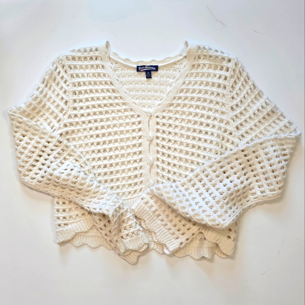 Freshman 1996 Cream Cropped Open-Knit Cardigan Sweater Cotton Blend Size Medium